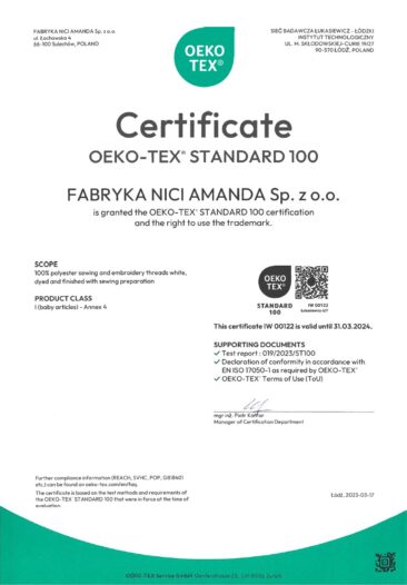 Certyfikat OEKO TEX dla firmy AMANDA w języku polskim