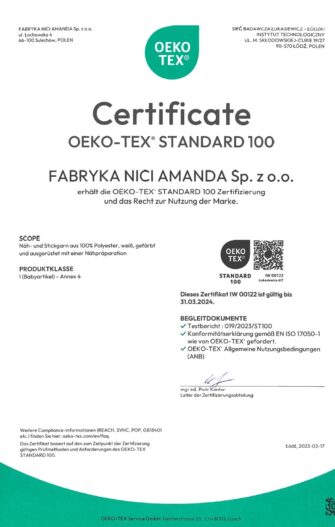 Certyfikat OEKO TEX dla firmy AMANDA w języku niemieckim