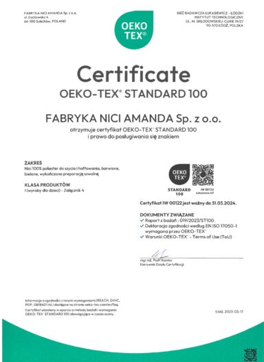 Certyfikat OEKO TEX dla firmy AMANDA w języku angielskim